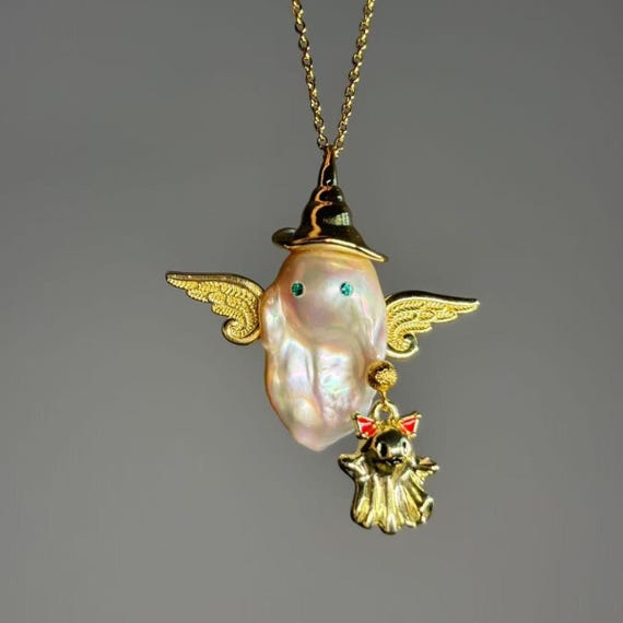 Handmade Witch Holding Ghost Pearl Necklace: Witchy Jewelry