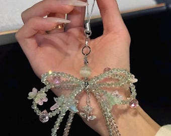 Handmade Beaded Phone Chain & Keychain, Green Spring Bow with Butterfly, Flower, Bag Charm Gift