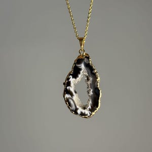 Handmade Natural Agate Geode Druzy Slice Pendant Necklace – Gold Electroplated Edges – Raw Crystal Jewelry