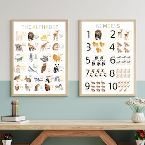 Cartazes de alfabeto e números de sala de aula Montessori Arte de parede educacional Decoração de sala de aula colorida Decoração de sala de jogos para crianças Download digital