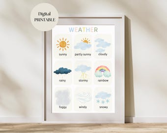 Weather chart educational poster Toddler playroom colourful classroom print homeschool decor playroom educational print digital download