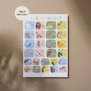 Animal alphabet poster for kids A to Z printable wall art for nursery, playroom or classroom ABC educational digital download