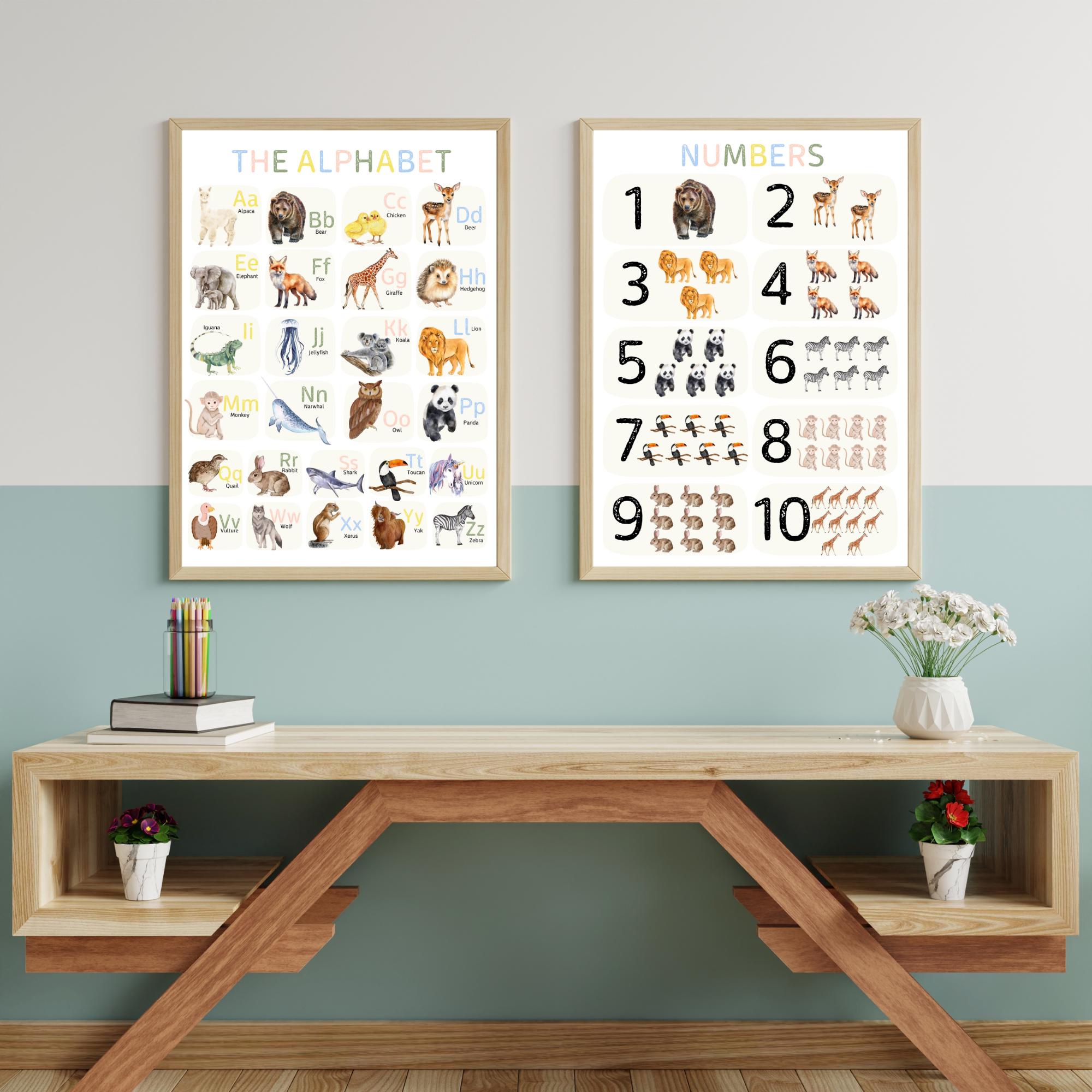 Montessori classroom alphabet and number posters Printable wall decor Educational wall art Toddler playroom decor Digital download