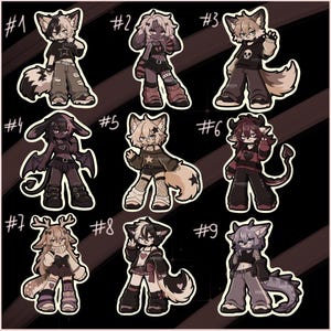 May include: A collection of nine distinct anthropomorphic character stickers labeled one through nine. Each character features unique animal traits, including ears, tails, horns, or antlers, and is dressed in varied outfits with a dark, muted color palette.