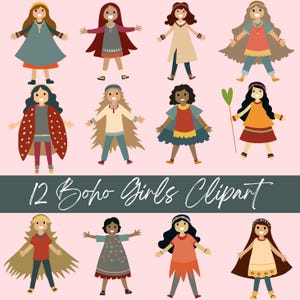 12 Boho Girls Clipart - Diverse Boho Girl PNG Bundle, niedliche ästhetische Illustrationen für Aufkleber, Scrapbooking & Sublimation | Handgezeichnet