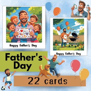 22 tarjetas para el Día del Padre – Paquete de tarjetas de felicitación imprimibles – Estilo caricatura de papá e hijos – Descarga instantánea – Padre e hijo, hija, perro