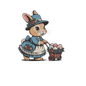 Puede incluir: Ilustración de un conejito con vestido y sombrero azules, empujando un carrito lleno de huevos de Pascua coloridos. El conejito es marrón claro con orejas rosas y detalles florales. El carrito es marrón con un borde floral.