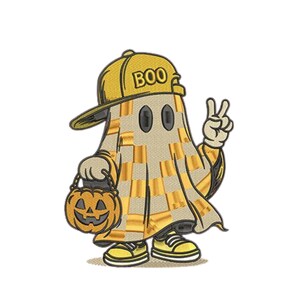 Puede incluir: Parche bordado con un fantasma de dibujos animados que lleva una gorra de béisbol amarilla con "BOO" escrito, sosteniendo un cubo de calabaza y haciendo el signo de la paz. El fantasma es de color beige con detalles amarillos y ojos negros. El fantasma lleva zapatillas amarillas.