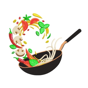 Puede incluir: Un diseño bordado que presenta un wok negro lleno de fideos e ingredientes coloridos. Chiles rojos, tomates en rodajas, champiñones y hojas de albahaca verdes se muestran en movimiento, sugiriendo la cocina.