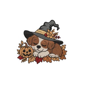 Puede incluir: Ilustración de un cachorro durmiendo con un sombrero de bruja, rodeado de hojas de otoño y una calabaza tallada. El cachorro tiene pelaje marrón y blanco, con los ojos cerrados, y está rodeado de follaje otoñal.