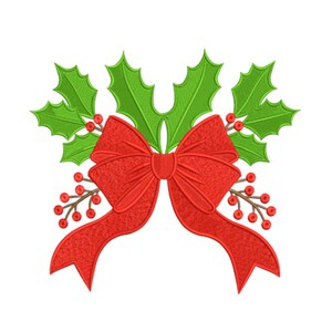 Puede incluir: Un diseño festivo con un lazo rojo texturizado, acompañado de hojas verdes de acebo y bayas rojas. Este diseño temático de vacaciones es ideal para manualidades y decoraciones de temporada.