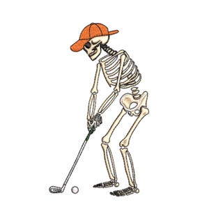 May include: An illustration of a skeleton wearing an orange baseball cap, playing golf. The skeleton is bent over, holding a golf club, with a white golf ball on the ground. The image is set against a white background.