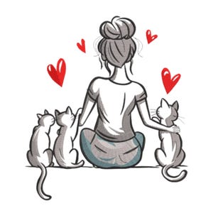 Puede incluir: Ilustración de una persona de espaldas, sentada con tres gatos. La persona lleva una camiseta blanca y pantalones azules, con el pelo recogido en un moño. Corazones rojos flotan arriba. Los gatos son grises y blancos.