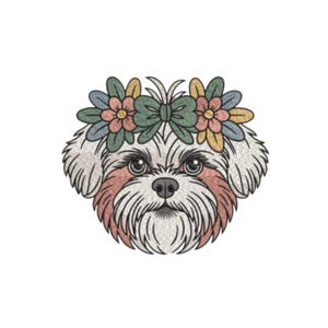 Puede incluir: Ilustración detallada de la cara de un perro, adornada con una corona floral. El perro tiene un pelaje blanco y canela, con un tono rojizo-rosado alrededor de los ojos y las orejas. La corona floral presenta flores verdes, rosas, amarillas y azules.