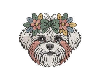 Schattig hondje met bloemenkroon borduurpatroon, huisdierhondje met bloemenkop borduurbestand