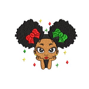 May include: An embroidered design of a cartoon girl with dark skin, black afro puffs, and red and green bows. The girl is resting her chin on her hands, with red, green, and yellow accents around her.