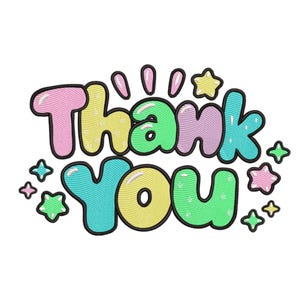 Puede incluir: Diseño bordado colorido que dice "Thank You" en letras de burbujas. Las letras están delineadas en negro y rellenas con colores pastel, incluyendo rosa, amarillo, verde y azul. Estrellas y destellos rodean el texto.