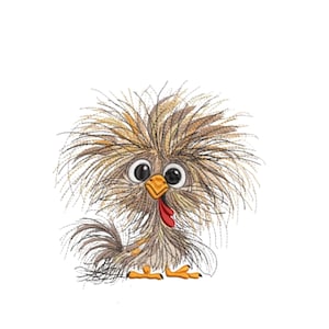 Puede incluir: Ilustración de dibujos animados de un pollo con ojos grandes y una barbilla roja. El pollo tiene plumas esponjosas, marrones y tostadas y patas amarillas, sobre un fondo blanco.