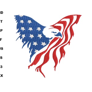 Puede incluir: Diseño bordado de un águila con la bandera estadounidense incorporada en sus alas. La cabeza del águila es blanca, las alas presentan azul con estrellas blancas y rayas rojas y blancas. La imagen incluye el texto: CND, DST, EXP, JEF, HUS, PES, VP3, XXX.