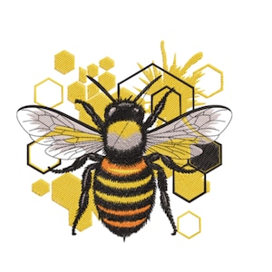 May include: Embroidered design of a bee with black and yellow stripes, wings, and antennae. The bee is set against a background of yellow honeycomb shapes and a yellow burst.