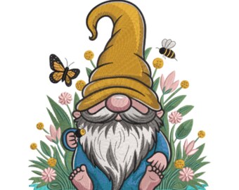 Borduurpatroon van een bijen- en bloemenkabouter – Lentetuinontwerp – Direct digitaal downloaden