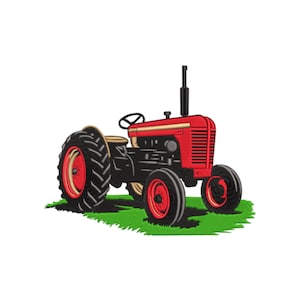Puede incluir: Ilustración de un tractor rojo y negro vintage con neumáticos negros grandes y llantas rojas. El tractor está sobre un trozo de hierba verde, con un fondo blanco. Tiene un tubo de escape negro y un volante.