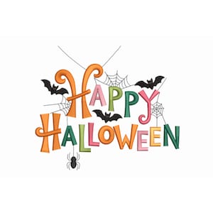 Puede incluir: Un diseño colorido de "Happy Halloween" con letras naranjas, rosas, verdes y amarillas. La imagen incluye murciélagos negros, telarañas y una araña, ideal para decoraciones o manualidades de Halloween.