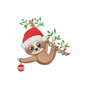May include: A brown sloth wearing a red Santa hat and holding a red and white ornament. The sloth is hanging from a branch decorated with green leaves and colorful Christmas lights. The image is on a white background.