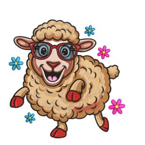 Op de afbeelding: Een vrolijk cartoon schaap met een rode zonnebril en rode schoenen, omringd door blauwe en roze bloemen. Het schaap heeft een lichtbruine wollen vacht en lacht met zijn tong uit.