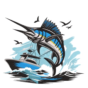 Puede incluir: Diseño bordado de un pez marlín saltando del agua, con detalles azules y amarillos y un contorno negro. Un barco de pesca azul está en el fondo, con gaviotas volando por encima. El diseño está sobre un fondo blanco.