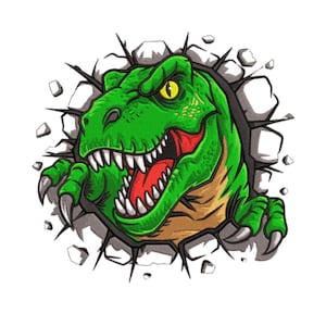 Könnte beinhalten: Illustration eines grünen Tyrannosaurus Rex, der durch eine zerbrochene Wand bricht. Der Dinosaurier hat scharfe weiße Zähne, einen roten Mund und ein gelbes Auge. Das Kunstwerk ist im Cartoon-Stil auf weißem Hintergrund.