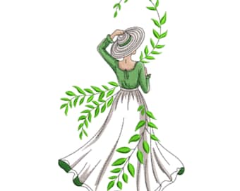Elegante vrouw met bladeren borduurwerk – Botanisch vrouwelijk ontwerp – Digitaal bestand