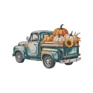Puede incluir: Ilustración en acuarela de una camioneta vintage turquesa llena de calabazas, un girasol y follaje otoñal. La camioneta tiene una apariencia rústica y desgastada, lo que sugiere un tema de cosecha u otoño. Las calabazas son de varios tamaños y colores.