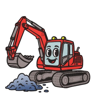 Puede incluir: Una excavadora roja de estilo caricatura con una cara sonriente, orugas negras y un cucharón gris. Un montón de tierra azul se encuentra frente a la excavadora. La excavadora tiene un diseño detallado con luces amarillas en la parte superior.