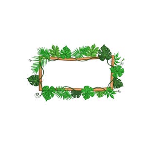 Puede incluir: Un marco rectangular de madera adornado con exuberantes hojas y enredaderas tropicales verdes. Las hojas varían en forma y tamaño, creando un borde natural vibrante. El marco se encuentra sobre un fondo blanco.