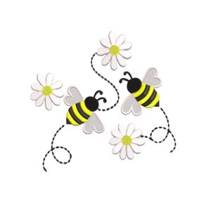 Può includere: Design ricamato con due api con corpi a strisce gialle e nere, ali grigie e antenne nere, che volano vicino a margherite bianche con centri gialli. Le api sono collegate ai fiori con linee tratteggiate, il tutto su sfondo bianco.