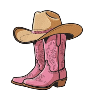 Puede incluir: Botas de vaquero rosas con costuras decorativas, coronadas con un sombrero de vaquero marrón con una banda rosa. Diseño occidental clásico.