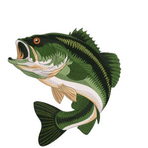 Puede incluir: Ilustración detallada de un pez lubina de boca grande en tonos verdes, blancos y beige. El pez salta con la boca abierta, mostrando un ojo naranja y detalles de escamas. El diseño está sobre un fondo blanco.
