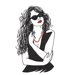 Puede incluir: Diseño bordado de una mujer con gafas de sol y un vestido negro, con pintalabios rojo y un collar de cuentas rojas. La mujer tiene el pelo largo y rizado negro y sostiene un objeto pequeño. El diseño es en blanco y negro con detalles en rojo.