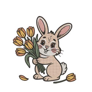 Puede incluir: Ilustración de dibujos animados de un conejito beige sosteniendo un ramo de tulipanes amarillos y naranjas con tallos y hojas verdes. El conejito tiene orejas internas rosas y una cola blanca. Una sola tulipa está en el suelo.