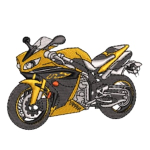 Puede incluir: Motocicleta bordada en amarillo, negro y blanco. La motocicleta presenta un diseño detallado con la palabra "YAMAHA" visible en el lateral. La imagen muestra el diseño elegante de la motocicleta, incluyendo las ruedas, el asiento y el manillar.