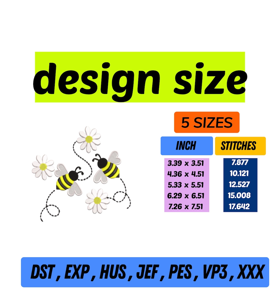 Floral Bumble Bee Embroidery – Daisies and Bees Design – Machine ...
