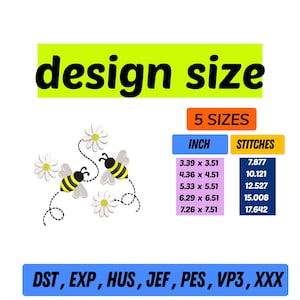 以下が含まれることがあります： ライムグリーンの長方形に「design size」という文字が入ったデジタルデザイン。黄色と黒のストライプの漫画のミツバチ2匹と白いデイジーが描かれています。デザインサイズはインチとステッチで表示されています。