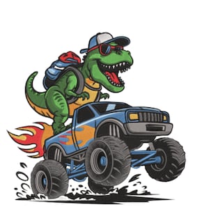 Puede incluir: Ilustración de dibujos animados de un dinosaurio verde con gafas de sol y una mochila, montado en un camión monstruo azul con llamas. El dinosaurio sonríe, y el camión tiene neumáticos negros grandes.