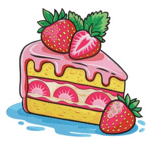 Puede incluir: Ilustración de una porción de tarta de fresas. La tarta tiene una base de bizcocho amarillo, glaseado rosa y relleno de crema blanca con rodajas de fresas. Fresas frescas decoran la parte superior.