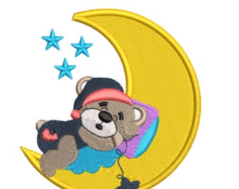 Cute Baby Bear on Moon Embroidery – Stars Night Sky – Machine Embroidery File