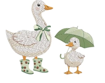 Natte maar vrolijke gans, schattig gans regenachtige dag borduurontwerp | Digitale download | Kinderdierenpatroon