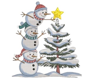 Feestelijk sneeuwpop borduurontwerp – Wintertafereel met kerstboom – Machineborduurbestand