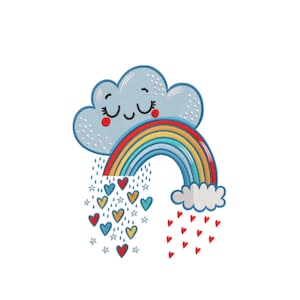 Puede incluir: Diseño bordado de una nube sonriente con un arcoíris y corazones y estrellas cayendo. El arcoíris tiene arcos rojos, naranjas, amarillos, verdes y azules. La nube es azul claro con una cara sonriente y mejillas rojas. Corazones y estrellas caen de la nube.
