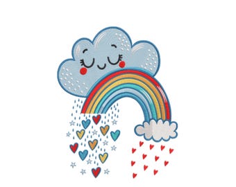 Vrolijk regenboog borduurbestand, glimlachende wolk digitaal borduurpatroon